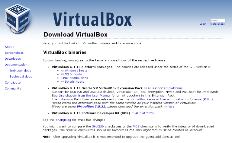 Pagina di Download di VirtualBox